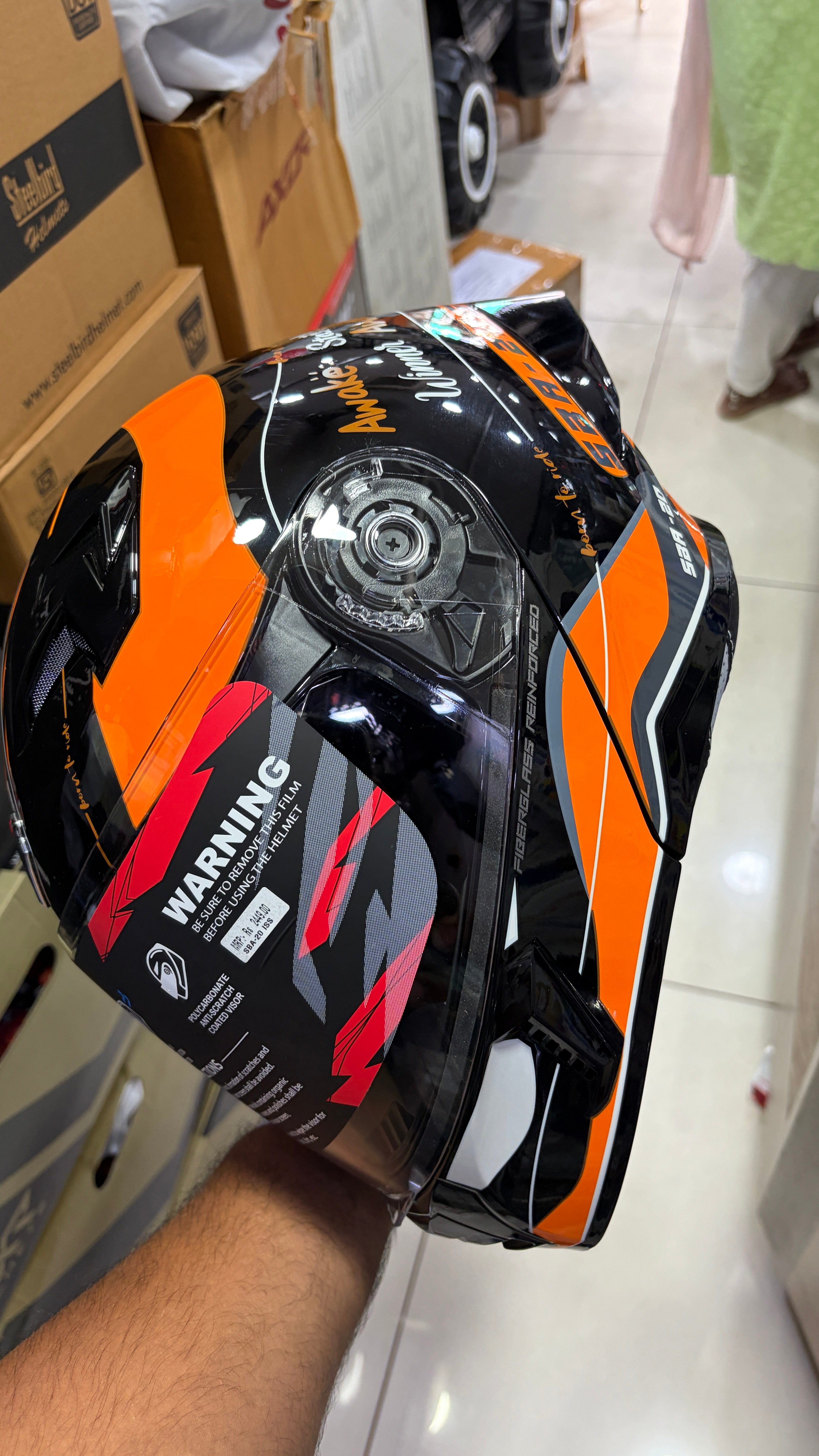 Steelbird SBA20 Born to ride full face modular helmet glossy black with orange colour