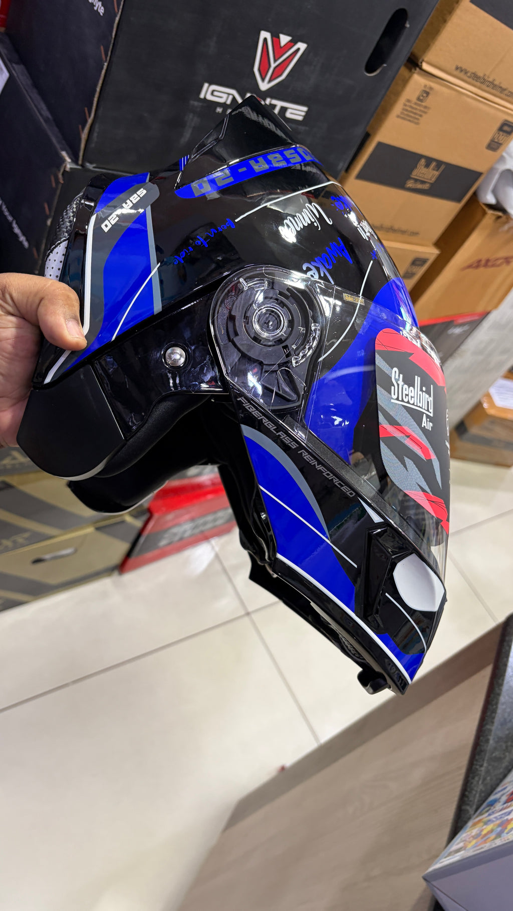 Steelbird SBA20 Born to ride full face modular helmet glossy black with blue colour