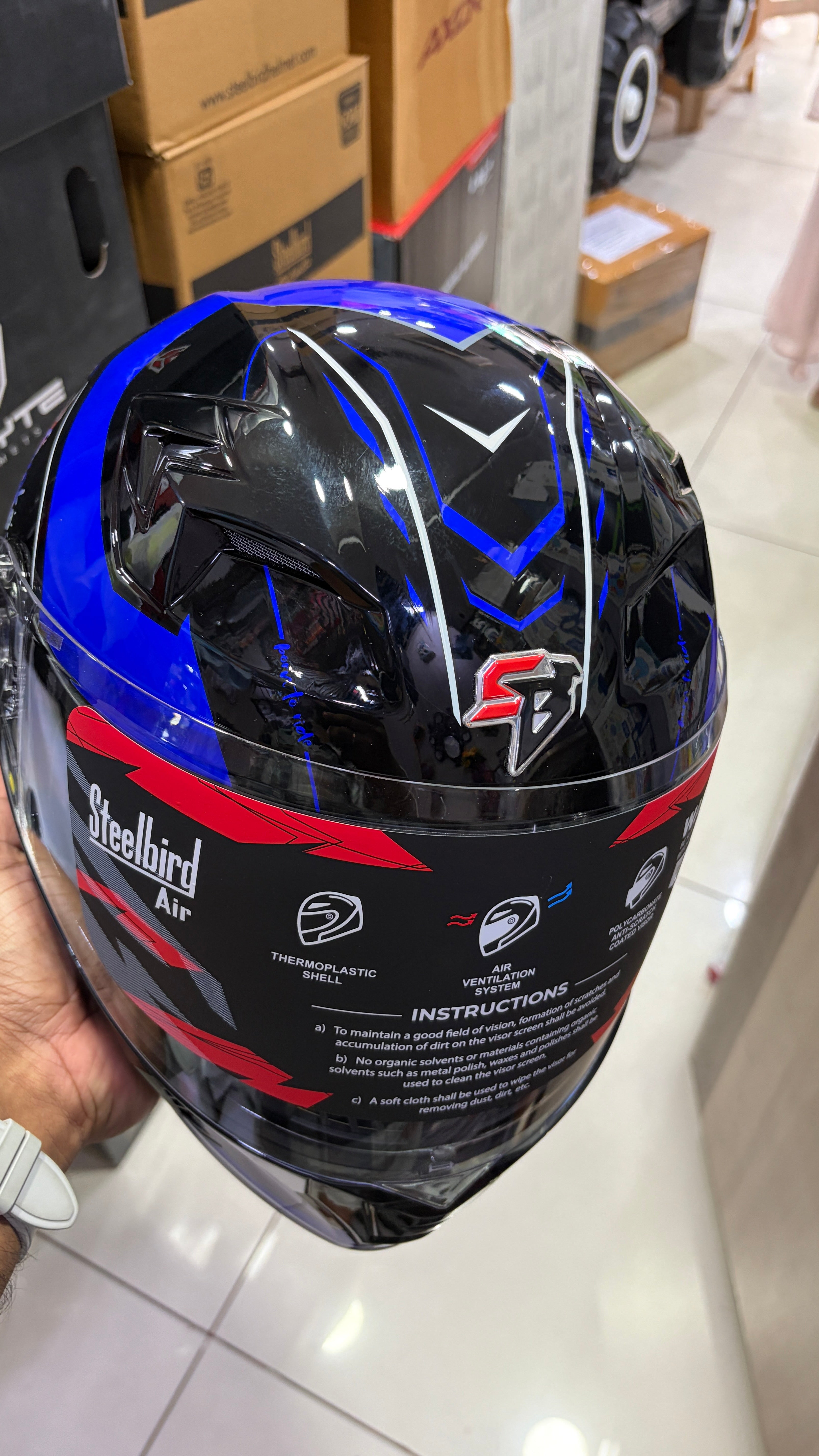 Steelbird SBA20 Born to ride full face modular helmet glossy black with blue colour