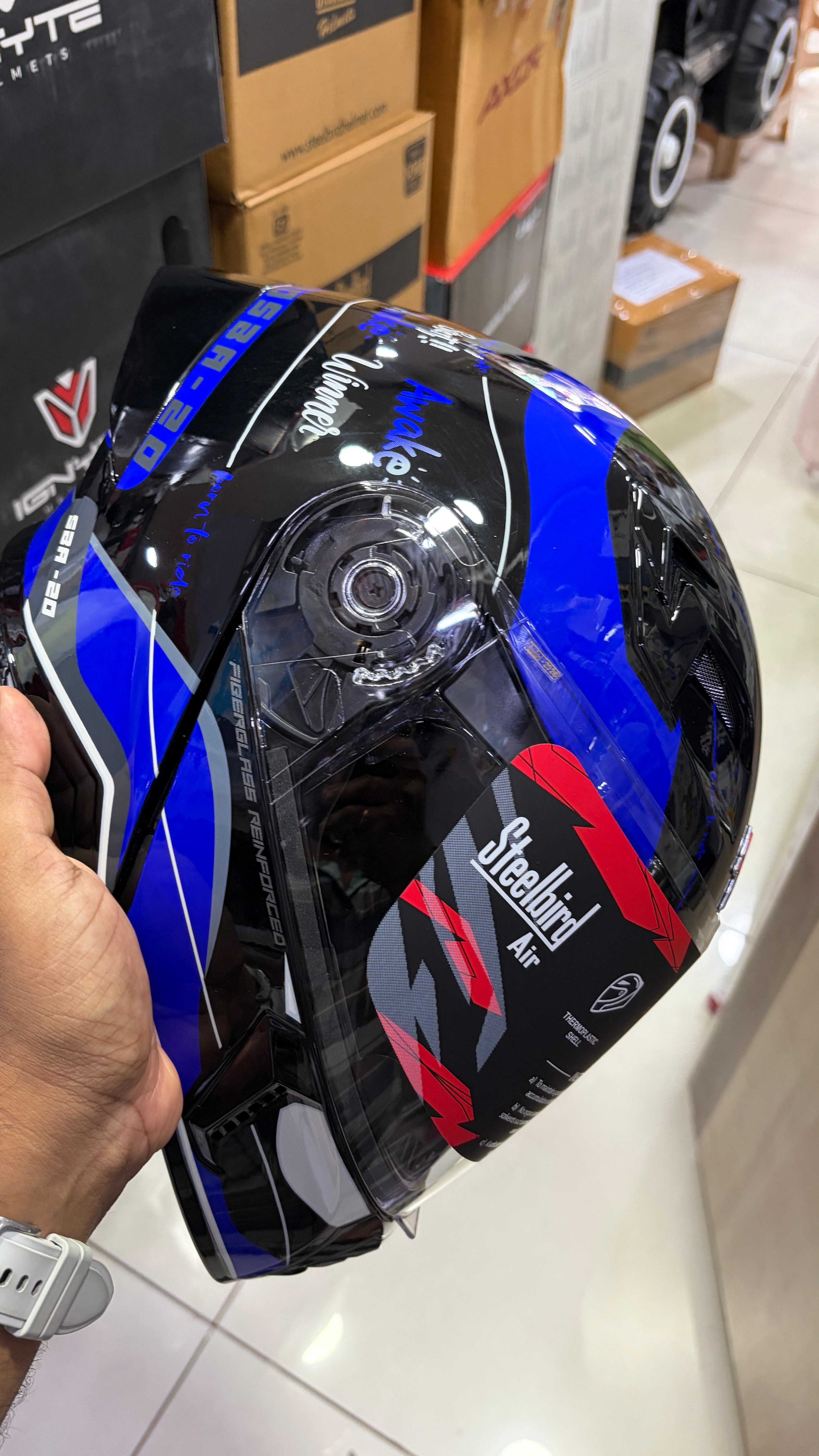 Steelbird SBA20 Born to ride full face modular helmet glossy black with blue colour