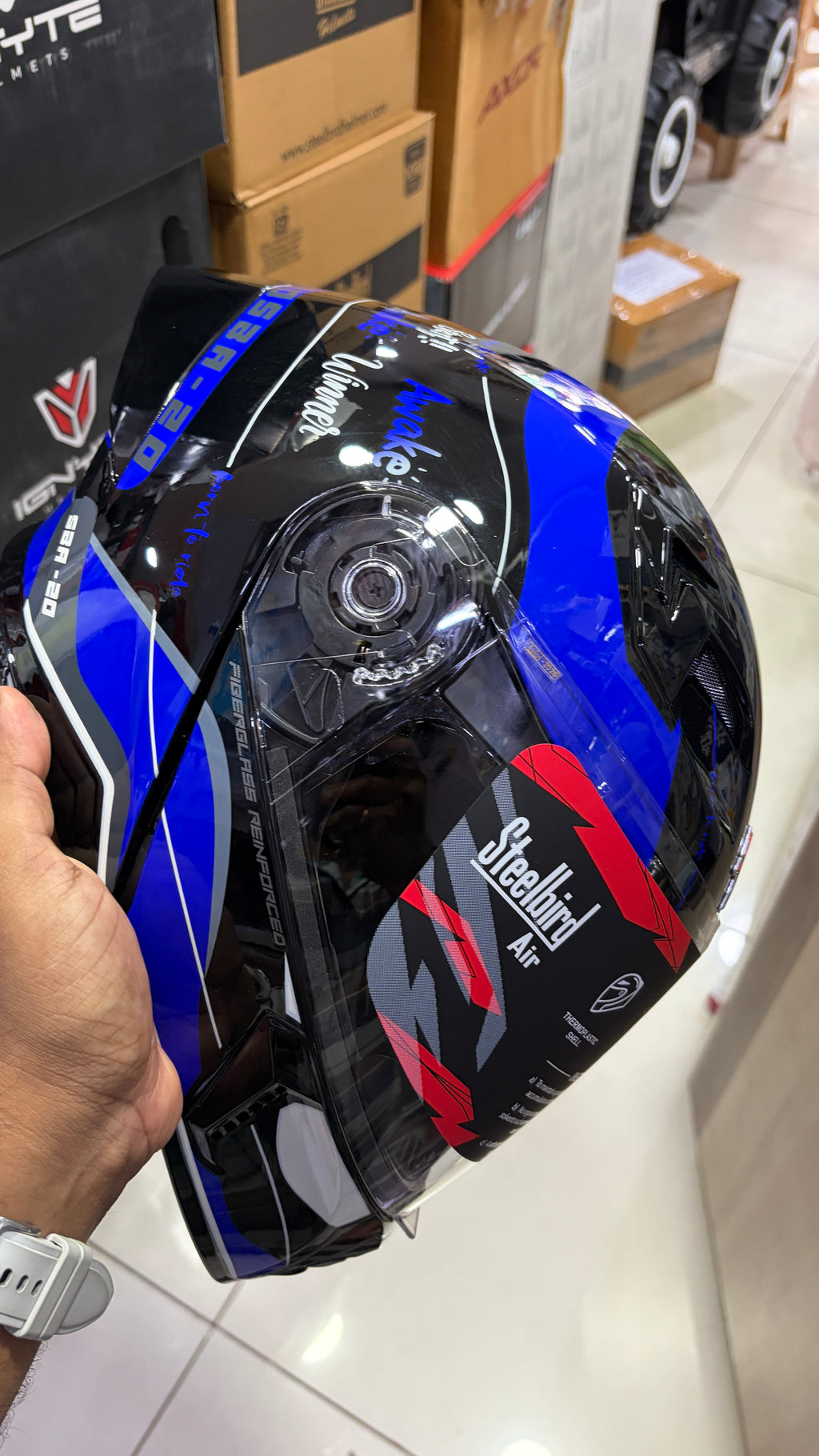 Steelbird SBA20 Born to ride full face modular helmet glossy black with blue colour