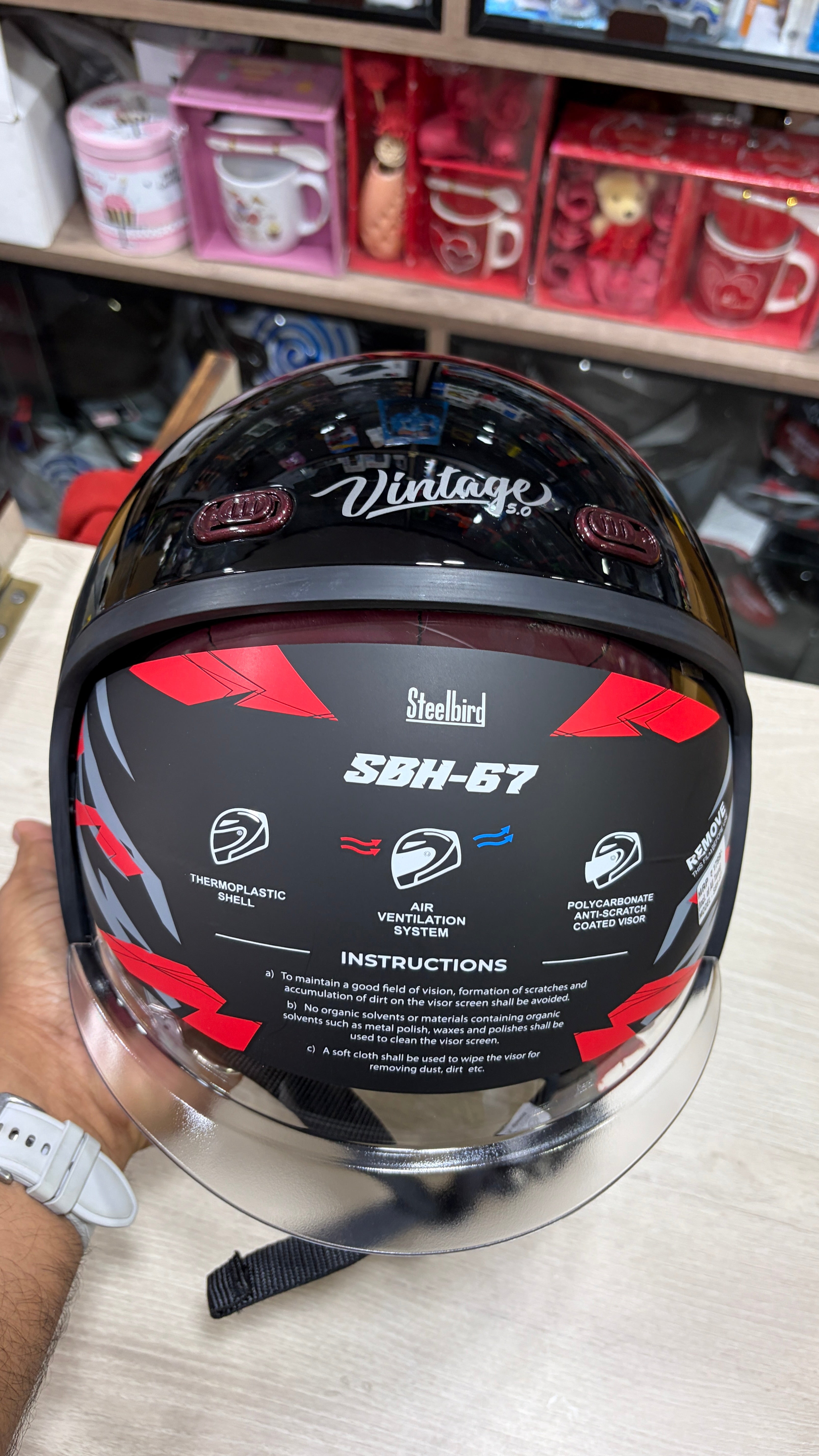 Steelbird SBH-67 vintage dot 5.0 open face helmet (free extra visor) glossy black colour